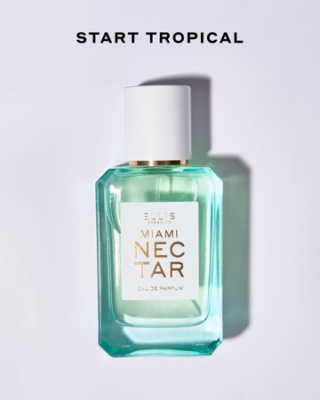 MIAMI NECTAR Eau de Parfum 50ml on a gray background with black text that reads "Start Tropical"