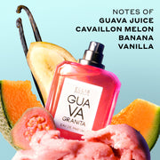 Guava Granita 50ml Eau De Parfum with cap removed in pink sorbet with slice of guava, banana slice, cantaloupe slices and vanilla beans against blue background with black text that reads 