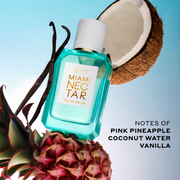 Miami Nectar 50ml Eau De Parfum with pink pineapple, vanilla beans, and coconut on light blue background with black text that reads 