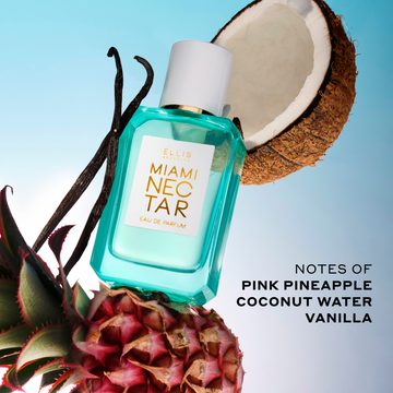 Miami Nectar 50ml Eau De Parfum with pink pineapple, vanilla beans, and coconut on light blue background with black text that reads 
