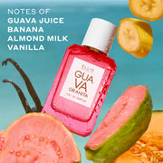 GUAVA GRANITA Eau de Parfum 50ml next to sliced guavas, sliced banana, vanilla beans and half of a cantaloupe all covered in water droplets on a blue background with white text that reads 