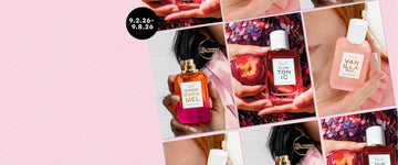 Collage of model holding PLUM TONIC Eau de Parfum 50ml and bitten plum in hands in front of purple and pink sequin top, model with red hair wearing a pink top holding VANILLA RICE Eau de Parfum 50ml against her cheek, and a model with black hair wearing a pink blazer and gold queen hoops holding QUEENS CARAMEL 50ml Eau de Parfum without cap all on pink background with black circle and white text that reads "9.2.26-9.8.26"
