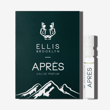 Apres 1.5ml Eau De Parfum Vial next to dark green Apres Eau De Parfum vial holder card. | english_image