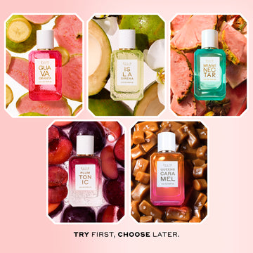 Collage of GUAVA GRANITA Eau de Parfum 50ml on sliced guavas and bananas, ISLA SIRENA Eau de Parfum 50ml on green coconuts and white flowers, MIAMI NECTAR Eau de Parfum 50ml on sliced pink pineapple, pLUM TONIC Eau de Parfum 50ml on sliced plums, and QUEENS CARAMEL Eau de Parfum 50ml on caramel cubes and pink salt all on a pink background with black text that reads 