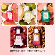 Collage de GUAVA GRANITA Eau de Parfum 50 ml sur des tranches de goyaves et de bananes, ISLA SIRENA Eau de Parfum 50 ml sur des noix de coco vertes et des fleurs blanches, MIAMI NECTAR Eau de Parfum 50 ml sur des tranches d'ananas rose, pLUM TONIC Eau de Parfum 50 ml sur des prunes tranchées, et QUEENS CARAMEL Eau de Parfum 50 ml sur des cubes de caramel et du sel rose, le tout sur un fond rose avec un texte noir qui dit « Essayez d'abord, choisissez ensuite. »
