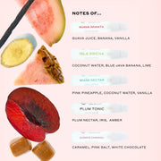 2ml vials of GUAVA GRANITA Eau de Parfum, ISLA SIRENA Eau de Parfum, MIAMI NECTAR Eau de Parfum, PLUM TONIC Eau de Parfum, and QUEENS CARAMEL Eau de Parfum next to sliced guava, banana, pink pineapple, and plum, caramel cubes and a vanilla bean on a pink background with black text that reads 