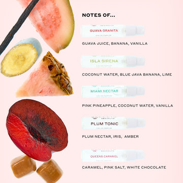 2ml vials of GUAVA GRANITA Eau de Parfum, ISLA SIRENA Eau de Parfum, MIAMI NECTAR Eau de Parfum, PLUM TONIC Eau de Parfum, and QUEENS CARAMEL Eau de Parfum next to sliced guava, banana, pink pineapple, and plum, caramel cubes and a vanilla bean on a pink background with black text that reads 