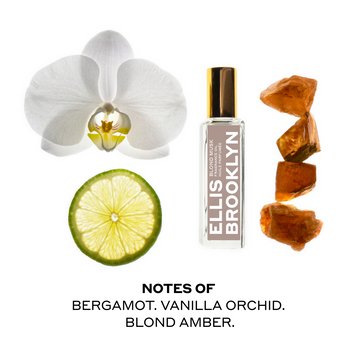 Blond Musk  Fragrance Oil 15ml with white flower, bergamot slice, and pieces of amber on white background above black text that reads 