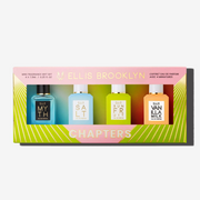 Pink and green Chapters Mini Fragrance Gift Set box showing Myth 7.5ml Eau De Parfum Mini Dabber, Salt 7.5ml Eau De Parfum Mini Dabber, Sun Fruit 7.5ml Eau De Parfum Mini Dabber, and Vanilla MIlk 7.5ml Eau De Parfum Mini Dabber, on white background.