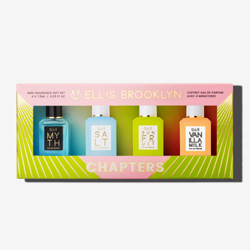 Pink and green Chapters Mini Fragrance Gift Set box showing Myth 7.5ml Eau De Parfum Mini Dabber, Salt 7.5ml Eau De Parfum Mini Dabber, Sun Fruit 7.5ml Eau De Parfum Mini Dabber, and Vanilla MIlk 7.5ml Eau De Parfum Mini Dabber, on white background. | english_image
