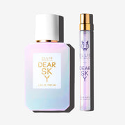 Dear Sky 50ml Eau De Parfum and Dear Sky 10ml Eau De Parfum Travel Spray on white background. | english_image