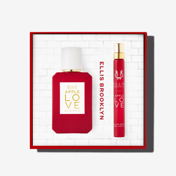 Apple Love Eau De Parfum Gift Set Box showing Apple Love 50ml Eau De Parfum and Apple Love 10ml Eau De Parfum Travel Spray on white background. | english_image