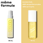 Brume Parfumée BANANE 50ml avec «50ml» en texte noir sous le flacon sur fond blanc avec texte noir indiquant «même formule» et Brume Parfumée GUIMAUVE 90ml avec «90ml» en texte blanc sous le flacon sur fond jaune avec texte blanc indiquant «nouveau look. +80% de parfum en plus. -25% sur le prix. »