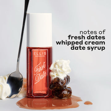 FIRST DATE Perfume Mist 90ml next to whipped cream, a spoon leaning against the bottle, a stack of 2 dates and whipped cream on date syrup with black text that reads 
