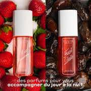 Brume Parfumée MISS STRAWBERRY 90ml sur fond de fraises sur une surface blanche et Brume Parfumée FIRST DATE 90ml sur fond de dattes couvertes de sirop de dattes avec un texte blanc qui dit « des parfums pour vous accompagner du jour à la nuit ».