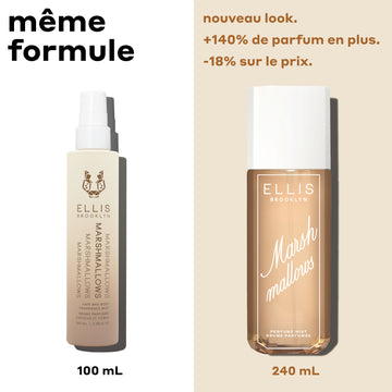 Brume Parfumée MARSHMALLOWS 100ml avec «100ml» en texte noir sous le flacon sur fond blanc avec texte noir indiquant «même formule» et Brume Parfumée MARSHMALLOWS 240ml avec «240ml» en texte marron sous le flacon sur fond beige avec texte marron indiquant «nouveau look. +140% plus de parfum. -18% prix plus bas. »
