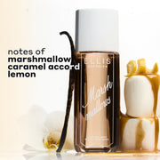 MARSHMALLOWS Perfume Mist 240ml between 2 stacked marshmallows covered in dripping caramel and topped with a lemon peel and a vanilla bean and flower leaning against the bottle on a white background with black text that reads 