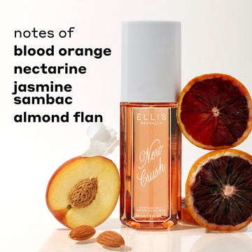 NEW CRUSH Perfume Mist 90ml between sliced blood oranges, sliced nectarine, white flower petal and almonds against white background with black text that reads 
