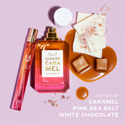 Queens Caramel 10ml Eau De Parfum Travel Spray next to Queens Caramel 50ml Eau De Parfum with cap removed, and melted caramel, caramel squares, pieces of white chocolate, and pink salt, above white text that reads 
