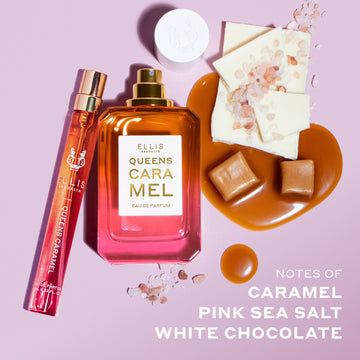 Queens Caramel 10ml Eau De Parfum Travel Spray next to Queens Caramel 50ml Eau De Parfum with cap removed, and melted caramel, caramel squares, pieces of white chocolate, and pink salt, above white text that reads 