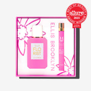 Florist Eau De Parfum Gift Set Box showing Florist 50ml Eau De Parfum and Florist 10ml Eau De Parfum Travel Spray on white background with red Allure The Beauty Export Best of Beauty Award Winner Clean Beauty 2023 badge. | english_image