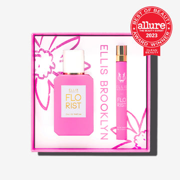 Florist Eau De Parfum Gift Set Box showing Florist 50ml Eau De Parfum and Florist 10ml Eau De Parfum Travel Spray on white background with red Allure The Beauty Export Best of Beauty Award Winner Clean Beauty 2023 badge. | english_image