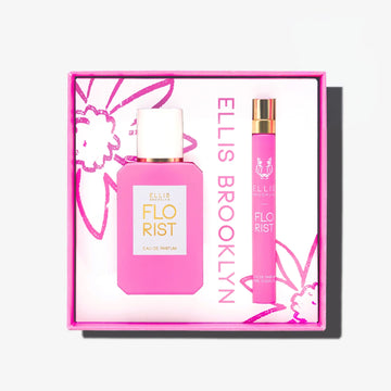 Coffret cadeau Eau de parfum pour fleuriste montrant l'eau de parfum pour fleuriste 50 ml et l'eau de parfum pour fleuriste en vaporisateur de voyage 10 ml sur fond blanc.