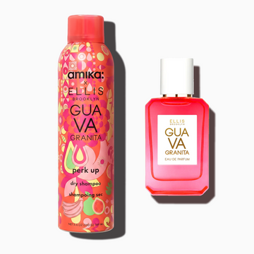 Amika x Ellis Brooklyn GUAVA GRANITA Perk Up Dry Shampoo and GUAVA GRANITA 50ml Eau de Parfum on white background.