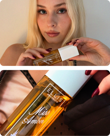 A split-screen shot featuring a blonde model holding a bottle MISS AMBER perfume mist in the top panel, and a close-up of the MISS AMBER perfume mist with a white cap in the bottom panel.