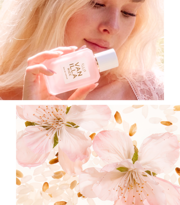 Collage of woman with blonde hair wearing a pink lace shirt holding VANILLA RICE Eau de Parfum in front of her face and sakura blossoms on top of toasted rice on a white background