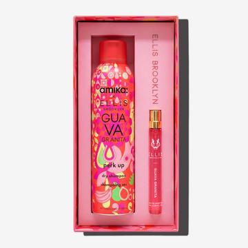 Amika x Ellis Brooklyn GUAVA GRANITA Perk Up Dry Shampoo and GUAVA GRANITA Eau de Parfum 10ml gift set on white background | english_image