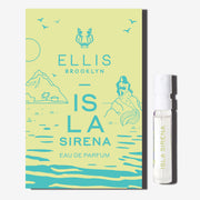 ISLA SIRENA Eau de Parfum 1.5ml vial next to green ISLA SIRENA vial holder card with blue drawn images of birds, a mountain, a mermaid sitting on a rock, water ripples, and the Ellis Brooklyn literary lion logo and blue text that reads 'Ellis Brooklyn ISLA SIRENA Eau de Parfum'