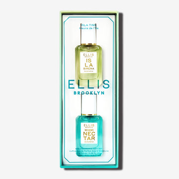 Coffret cadeau ISLA TIME contenant l'eau de parfum ISLA SIRENA (7,5 ml) et l'eau de parfum MIAMI NECTAR (7,5 ml) sur fond blanc