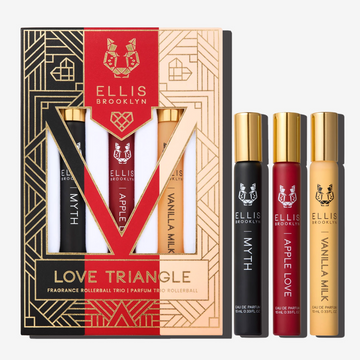 Boîte trio de roll-ons de parfum Black, red, beige et gold Love Triangle montrant le roll-on parfum Myth 10ml, le roll-on parfum Apple Love 10ml et le roll-on parfum Vanilla Milk 10ml, sur fond blanc.