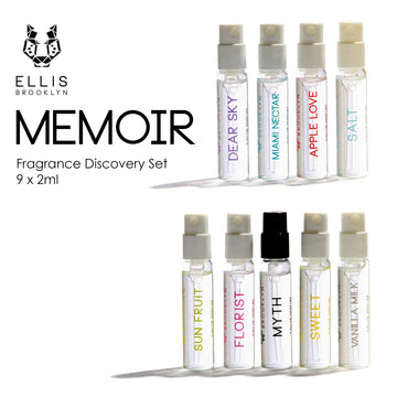 Dear Sky Eau De Parfum 1.5ml Vial, Miami Nectar Eau De Parfum 1.5ml Vial, Apple Love Eau De Parfum 1.5ml Vial, Salt Eau De Parfum 1.5ml Vial, Sun Fruit Eau De Parfum 1.5ml Vial, Florist Eau De Parfum 1.5ml Vial, Myth Eau De Parfum 1.5ml Vial, Sweet Eau De Parfum 1.5ml Vial, and Vanilla Milk Eau De Parfum 1.5ml Vial, on white background with black Ellis Brooklyn logo and black text that reads 