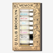 Memoir Fragrance Discovery Set box with beige and black floral design showing Dear Sky Eau De Parfum 1.5ml Vial, Miami Nectar Eau De Parfum 1.5ml Vial, Apple Love Eau De Parfum 1.5ml Vial, Salt Eau De Parfum 1.5ml Vial, Sun Fruit Eau De Parfum 1.5ml Vial, Florist Eau De Parfum 1.5ml Vial, Myth Eau De Parfum 1.5ml Vial, Sweet Eau De Parfum 1.5ml Vial, and Vanilla Milk Eau De Parfum 1.5ml Vial, on white background.