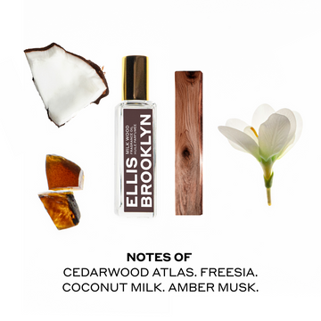 Milk Wood  Fragrance Oil 15ml with coconut, amber, piece of wood, and white flower on white background above black text that reads 