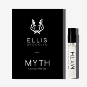Myth 1.5ml Eau De Parfum Vial next to black Myth Eau De Parfum vial holder card.