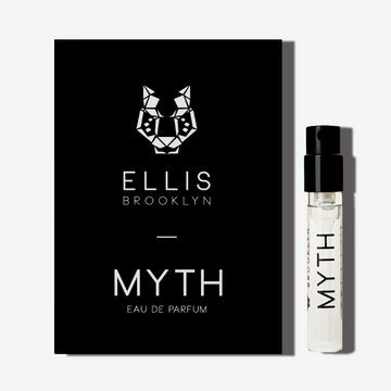 Mythe 1,5 ml Eau de Parfum flacon à côté de la carte porte-flacon noire Myth Eau de Parfum