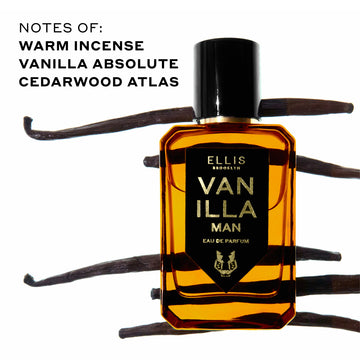 Vanilla Man 50ml Eau De Parfum in front of vanilla beans on white background with black text that reads 