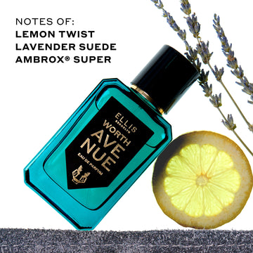 Worth Avenue 50ml Eau De Parfum on piece of denim leaning on lemon slice next to lavender plant on white background with black text that reads 