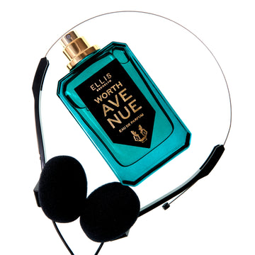 Worth Avenue 50ml Eau De Parfum without cap resting on headphones, on white background. | english_image