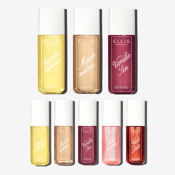 BANANA MILKSHAKE Perfume Mist 240ml, MARSHMALLOWS Perfume Mist 240ml, VANILLA SIN Perfume Mist 240ml, BANANA MILKSHAKE Perfume Mist 90ml, MARSHMALLOWS Perfume Mist 90ml, VANILLA SIN Perfume Mist 90ml, MISS STRAWBERRY Perfume Mist 90ml, and FIRST DATE Perfume Mist 90ml on white background