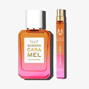 Queens Caramel 50ml Eau De Parfum and Queens Caramel 10ml Eau De Parfum Travel Spray on white background. | english_image