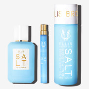 Salt 50ml Eau De Parfum, Salt 10ml Eau De Parfum Travel Spray, and Salt Soothing Scented Body Oil 95ml on white background.
