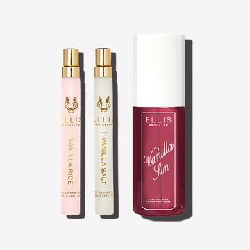 VANILLA RICE 10ml Eau de Parfum, VANILLA SALT 10ml Eau de Parfum, and VANILLA SIN 90ml Perfume Mist on white background