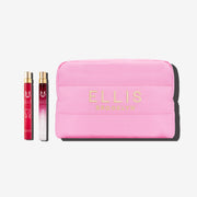 APPLE LOVE 10ml eau de parfum travel spray, PLUM TONIC 10ml eau de parfum travel spray, and Pink Cosmetic Bag with gold embroidered Ellis Brooklyn logo on white background