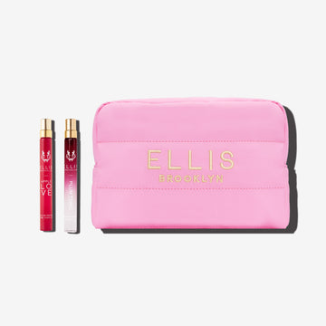 APPLE LOVE 10ml eau de parfum travel spray, PLUM TONIC 10ml eau de parfum travel spray, and Pink Cosmetic Bag with gold embroidered Ellis Brooklyn logo on white background | english_image