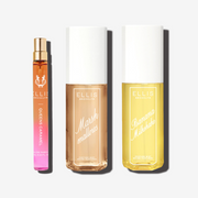 QUEENS CARAMEL 10ml Eau de Parfum, BANANA MILKSHAKE 90ml Perfume Mist and MARSHMALLOWS 90ml Perfume Mist on white background