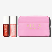 FIRST DATE 90ml Perfume Mist, MISS STRAWBERRY 90ml Perfume Mist, and Pink Cosmetic Bag with gold embroidered Ellis Brooklyn logo on white background